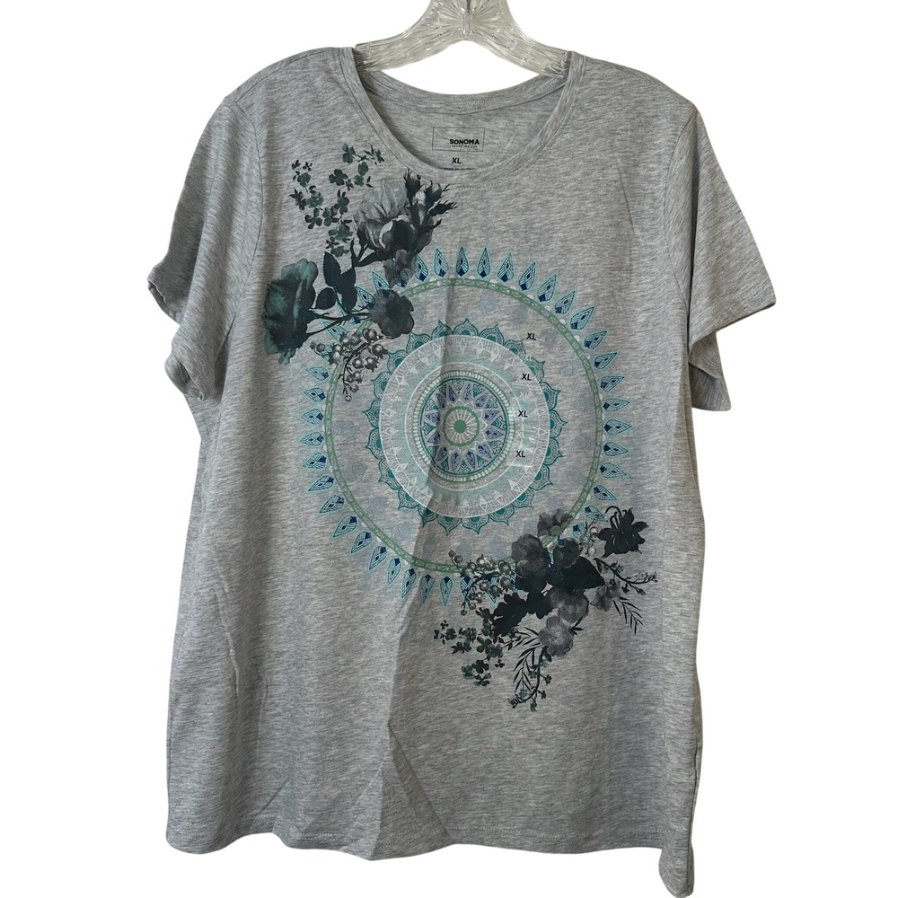 Sonoma Goods For Life Womens XL Gray Mandala Floral Graphic T-Shirt NWT